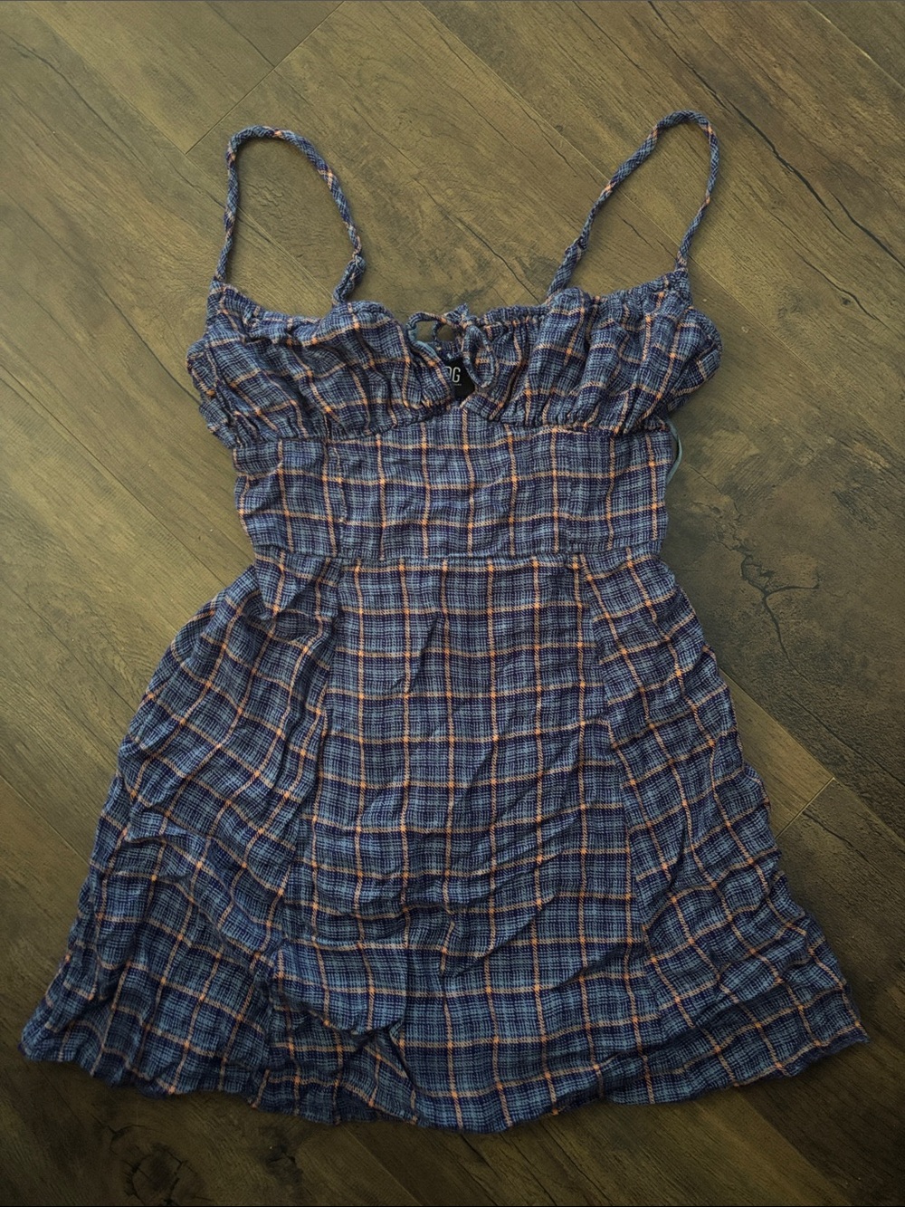 BDG Blue Plaid Smocked Spaghetti Strap Dress